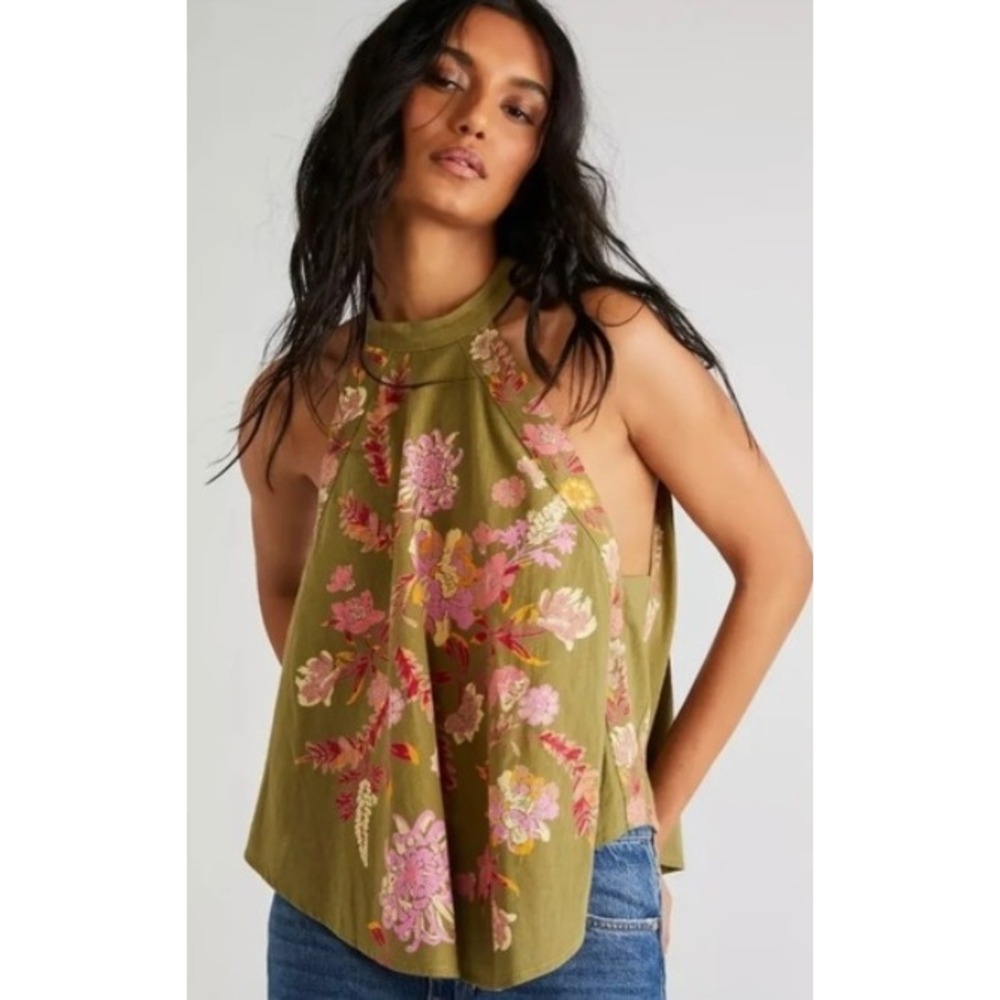 Free People Emily Printed Olive Green Floral Embroidered Halter Neck Swing Top S